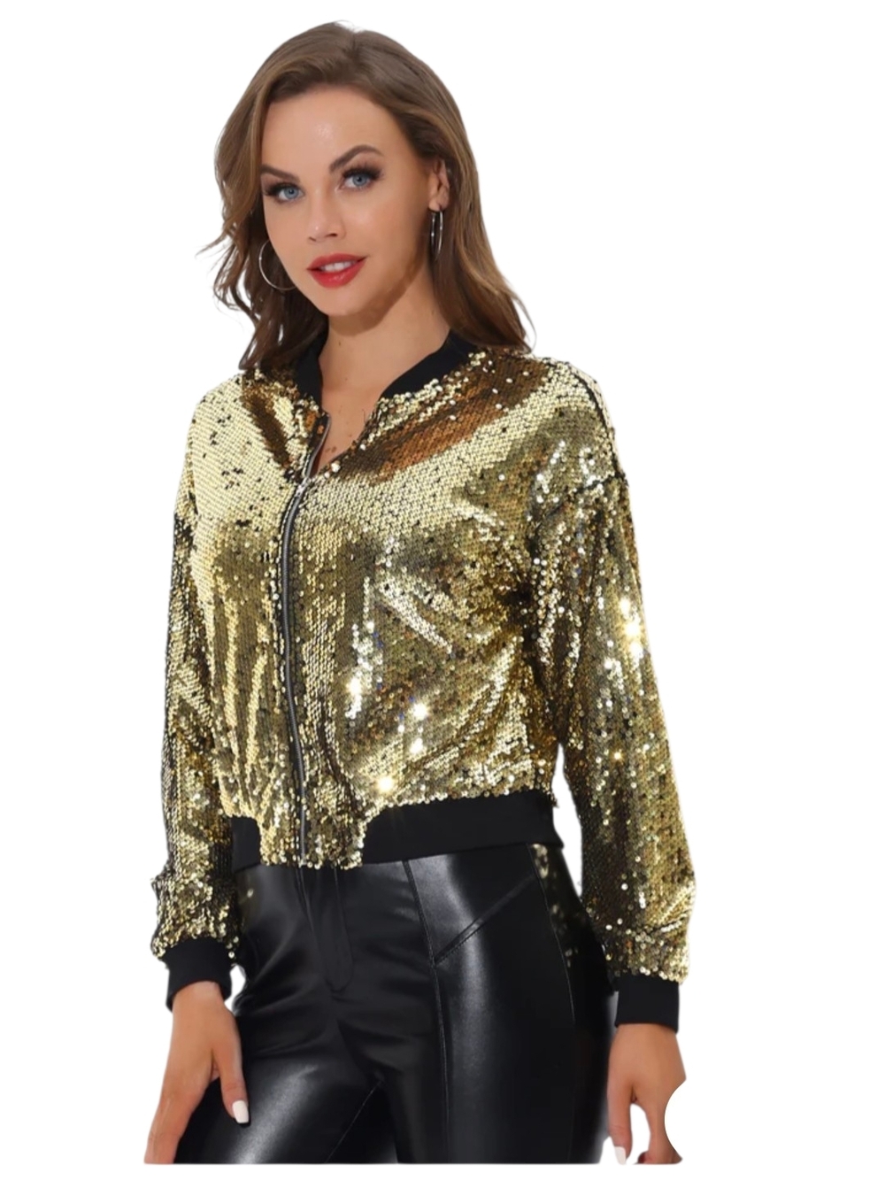 Allegra K Gold Sequin Bomber Jacket